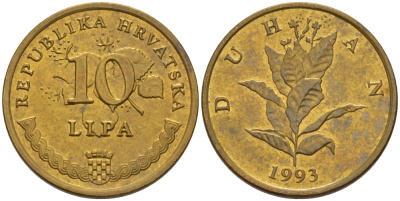 Хорватия 10 лип 1993 табак обыкновенный, легенда на хорватском KM 6 сталь плакированная латунью 66-524