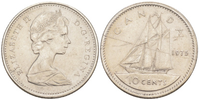 Канада 10 центов 1975 Елизавета II (1952-2022), парусник KM 77.1 никель 188-1032