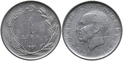 Турция 1 лира 1967 Мустафа Кемаль Ататюрк KM 889а.2 нержавеющая сталь 4541-1237