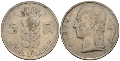Бельгия 5 франков 1974 Belgique, Бодуэн I (1951-1993) KM 134 медно-никель 4397-326