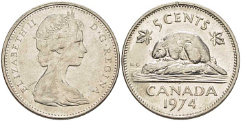 Канада 5 центов 1974 бобр, Елизавета II (1952-) KM 60.1 никель 86-821