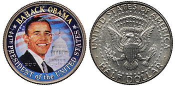 США 50 центов = 1/2 доллара 2001 44-й Президент США, Барак Обама, цветная наклейка на Кеннеди KM A202b медь плакированная медно-никелем UNC 1099-1-23