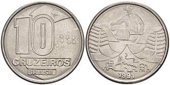 Бразилия 10 крузейро 1990 золотодобыча KM 619.1 нержавеющая сталь 3996-927