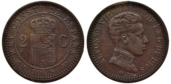 ИСПАНИЯ 2 СЕНТИМО 1905 SM-V, АЛЬФОНСО XIII (1886-1931) KM 722 медь 4549-838