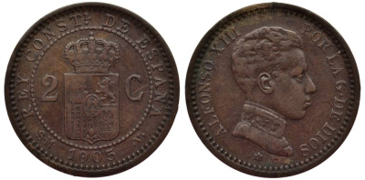 ИСПАНИЯ 2 СЕНТИМО 1905 SM-V, АЛЬФОНСО XIII (1886-1931) KM 722 медь 4549-838