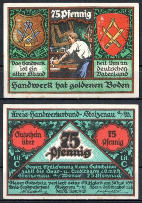 Штольценау (Пруссия, Ганновер) 75 пфеннигов 1921 Mehl Grabowski 1277.1-7/12 бумага UNC (пресс) 7556-70-2-2