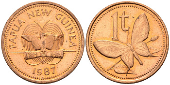 Папуа-Новая Гвинея 1 тойя 1987 бабочка KM 1 бронза UNC 4516-545