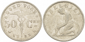 БЕЛЬГИЯ 50 САНТИМОВ 1923 BELGIE KM 88 никель 3996-1211
