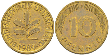 ФРГ 10 ПФЕННИГОВ 1989 F KM 108, J. 383 сталь плакированная латунью 4182-947