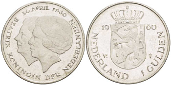 Нидерланды 1 гульден 1980 на коронацию Беатрикс, 30 апреля 1980 KM 200 никель 213-1253