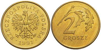 ПОЛЬША 2 ГРОША 1991 MW KM 277 латунь 4528-823