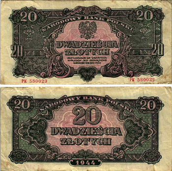 ПОЛЬША 20 ЗЛОТЫХ 1944 ПЕРВЫЙ НАЦИОНАЛЬНЫЙ ВЫПУСК ПОСЛЕ ВТОРОЙ МИРОВОЙ ВОЙНЫ, СЕРИЯ РК 580029, OBOWAZKOWE Pick 113a бумага F-VF 7487-39-1