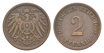 Германия 2 пфеннига 1905 A, Вильгельм II (1888-1918) KM 16, J. 11 медь 4647-847