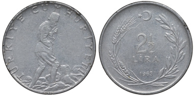 Турция 2 1/2 лиры 1963 KM 893.1 нержавеющая сталь 115-821