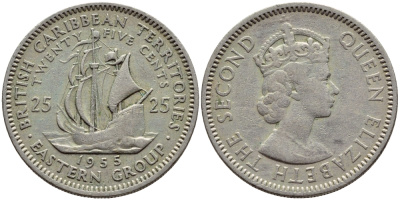 Британские Восточно-Карибские территории 25 центов 1955 Елизавета II (1952-2022), парусник KM 6 медно-никель 4379-1317