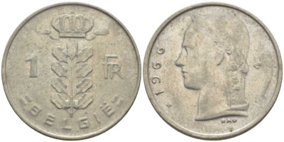 БЕЛЬГИЯ 1 ФРАНК 1966 BELGIE, БОДУЭН I (1951-1993) KM 143.1 медно-никель 119-611