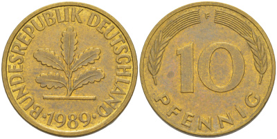 ФРГ 10 ПФЕННИГОВ 1989 F KM 108, J. 383 сталь плакированная латунью 4182-947