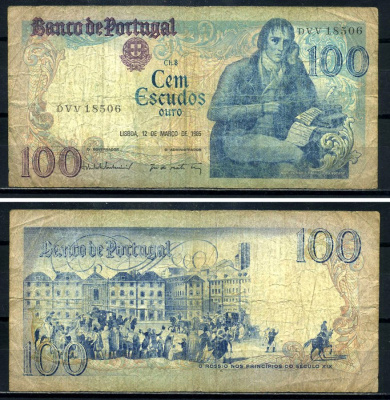 Португалия 100 эскудо 1985 Мануэл Мария Барбоза ду Бокаже, площадь Росиу в Лиссабоне до XIX века, 12 марта 1985 Pick 178d(3) бумага 8590-11-2-1