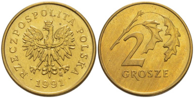 ПОЛЬША 2 ГРОША 1991 MW KM 277 латунь 4528-823