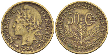 Французский Камерун 50 сантимов 1924 (а), монетный двор Париж KM 1 алюминиевая бронза 72-1643