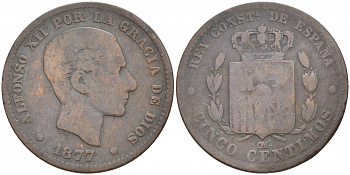 ИСПАНИЯ 5 СЕНТИМО 1877 ОМ, АЛЬФОНСО XII KM 674 бронза 3853-1235