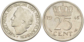 НИДЕРЛАНДЫ 25 ЦЕНТОВ 1948 ВИЛЬГЕЛЬМИНА (1890-1948) KM 177 никель 211-631