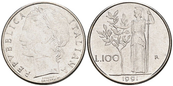 Италия 100 лир 1991 R, Афина в доспехах KM 96.2 нержавеющая сталь 4549-848