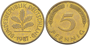 ФРГ 5 ПФЕННИГОВ 1987 J KM 107, J. 382 сталь плакированная латунью 4181-1026