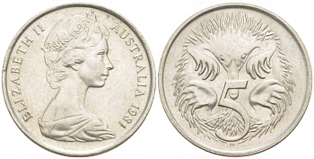 Австралия 5 центов 1981 Елизавета II (1952-2022), ехидна KM 64 медно-никель UNC 4532-562