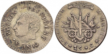 Гаити 25 сантимов 1828 AN 25, Президент Жан Пьер Буайе (1818-10843) KM 18.1 серебро 413-233