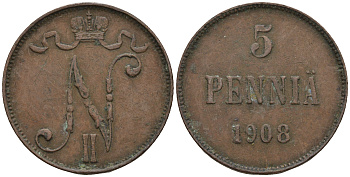 Россия для Финляндии 5 пенни 1908 Николай II (1894-1917) KM 15, Биткин 449 медь  259-1142