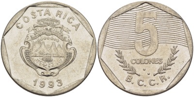 КОСТА-РИКА 5 КОЛОН 1993 l KM 214.3 сталь плакированная никелем 67-1011