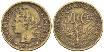 Французский Камерун 50 сантимов 1924 (а), монетный двор Париж KM 1 алюминиевая бронза 72-1643