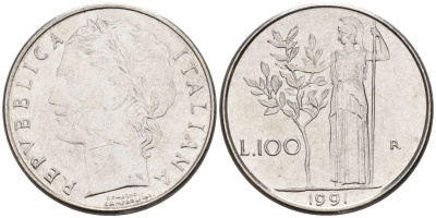 Италия 100 лир 1991 R, Афина в доспехах KM 96.2 нержавеющая сталь 4549-848