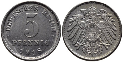 ГЕРМАНИЯ 5 ПФЕННИГОВ 1918 E KM 19, Jager 297, Weege 5 железо 4547-569