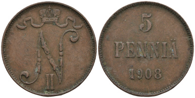 Россия для Финляндии 5 пенни 1908 Николай II (1894-1917) KM 15, Биткин 449 медь  259-1142