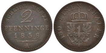 Пруссия 2 пфеннига 1858 A, Фридрих Вильгельм IV (1840-1861) KM 452, Jaeger 51, Olding 336, AKS 91 медь 186-623