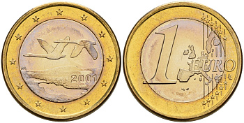 Финляндия 1 евро 2002 M, два лебедя в полете KM 104 биметалл UNC M57-11