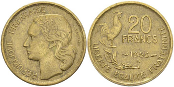 ФРАНЦИЯ 20 ФРАНКОВ 1950 В, 4 ПЕРА KM 917.2, LE FRANC 402.4 алюминиевая бронза 175-651