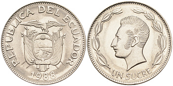 Эквадор 1 сукре 1988 Антонио Хосе Сукре KM 89 сталь плакированная никелем  UNC  4595-654