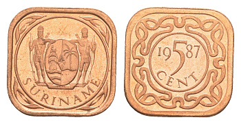 Суринам 5 центов 1987 KM 12b сталь плакированная медью UNC 4613-331