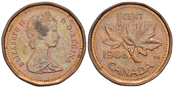 Канада 1 цент 1988 Елизавета II (1952-2022), кленовый лист KM 132 бронза 4609-228