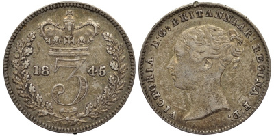 Великобритания 3 пенса 1845 Виктория (1837-1901) KM 730, Spink 3914 серебро 4528-357