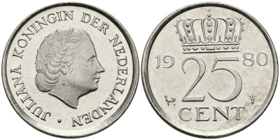 НИДЕРЛАНДЫ 25 ЦЕНТОВ 1980 ЮЛИАНА KM 183 никель 96-257