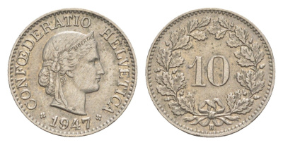 Швейцария 10 раппенов 1947 B KM 27 медно-никель 4532-1167