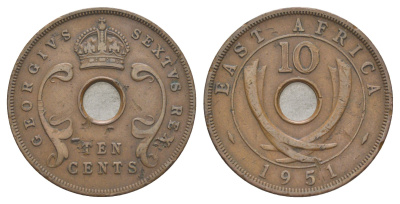 Британская Восточная Африка 10 центов 1951 Георг VI (1936-1952) KM 34 бронза 4645-944