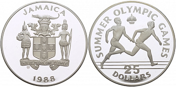 Ямайка 25 долларов 1988 XXIV летние Олимпийские игры 1988 года в Сеуле, эстафета KM 141 серебро PROOF 1077-8-33