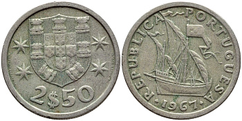 ПОРТУГАЛИЯ 2,5 ЭСКУДО 1967 KM 590 медно-никель 4396-138