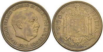 Испания 2,5 песеты 1953 (55) Франциско Франко (1939-1975) KM 785 алюминиевая бронза 4610-844