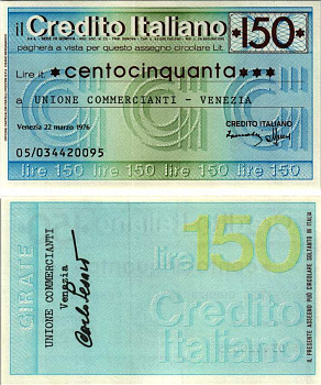 Италия чек на 150 лир 1976 22 марта 1976, credito Italiano бумага UNC (пресс) 7204-59-1-1